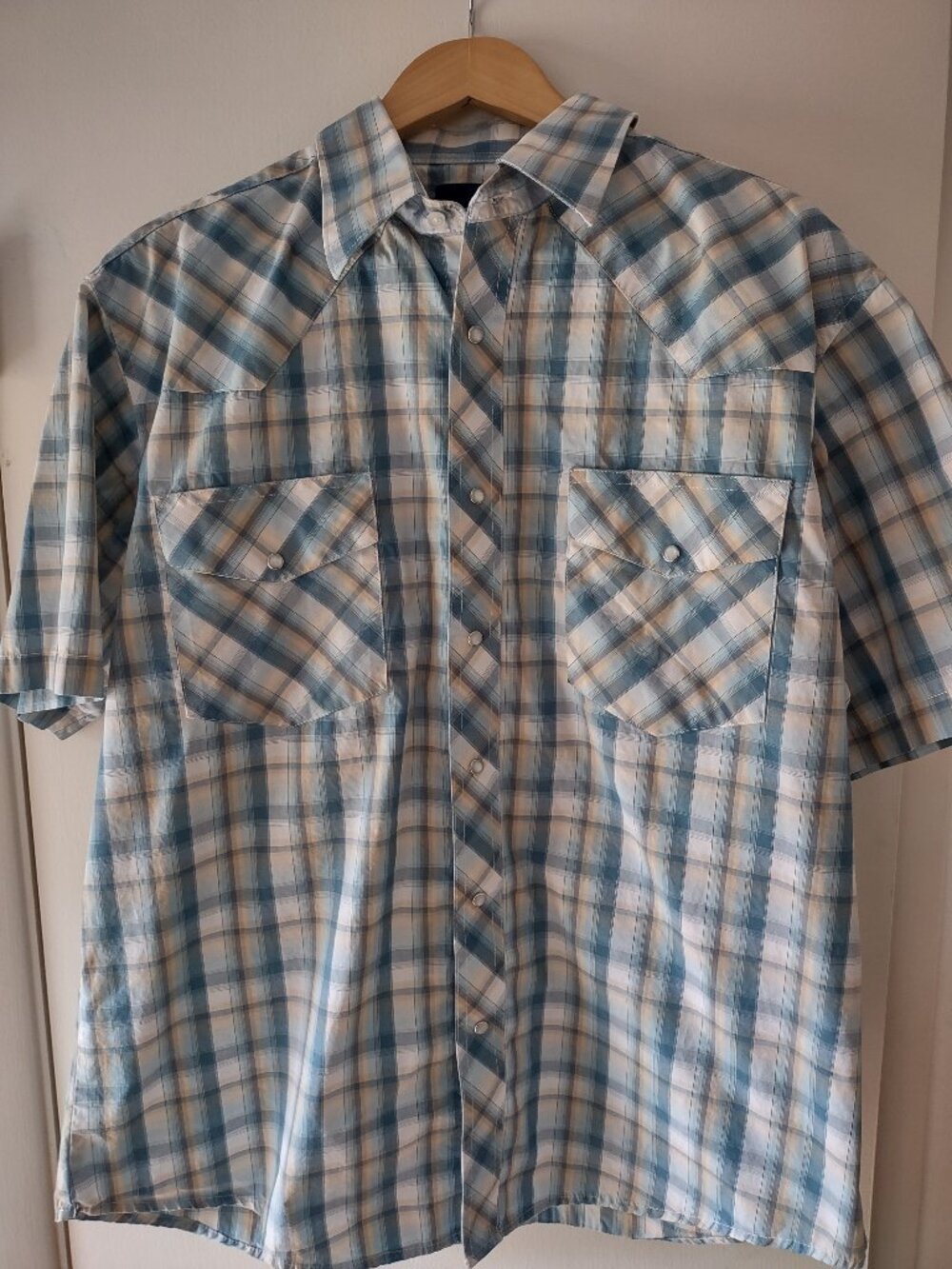 Wrangler Men's Blue Plaid Western Shirt XL Short Sleeve Snap Button 2 Pockets